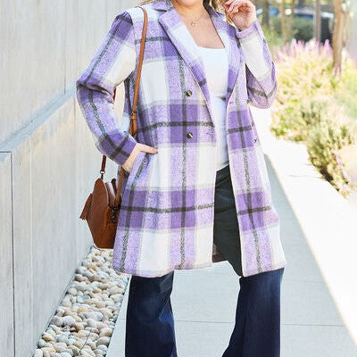 Double Take Full Size Plaid Button Up Lapel Collar Coat