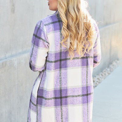 Double Take Full Size Plaid Button Up Lapel Collar Coat