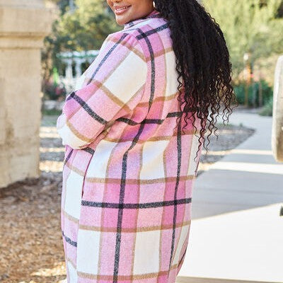 Double Take Full Size Plaid Button Up Lapel Collar Coat