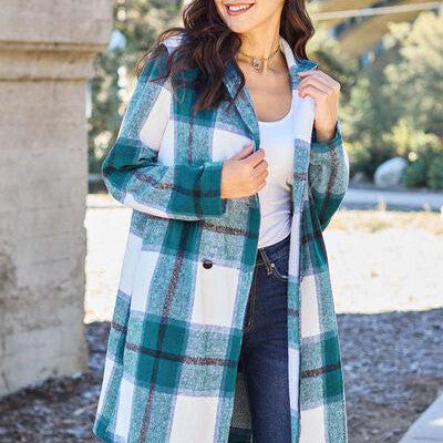 Double Take Full Size Plaid Button Up Lapel Collar Coat