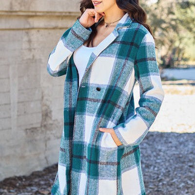 Double Take Full Size Plaid Button Up Lapel Collar Coat