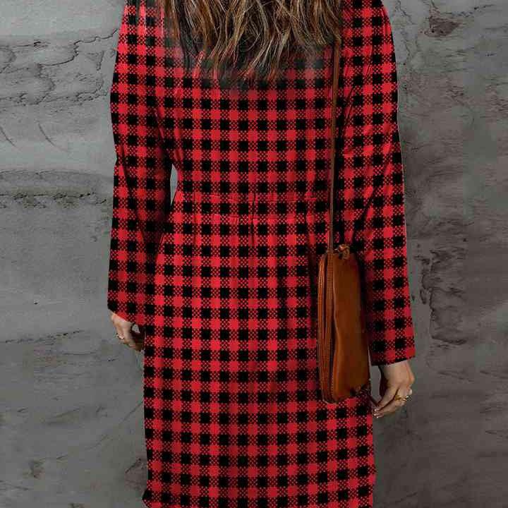 Double Take Full Size Plaid Round Neck Long Sleeve Magic Dress