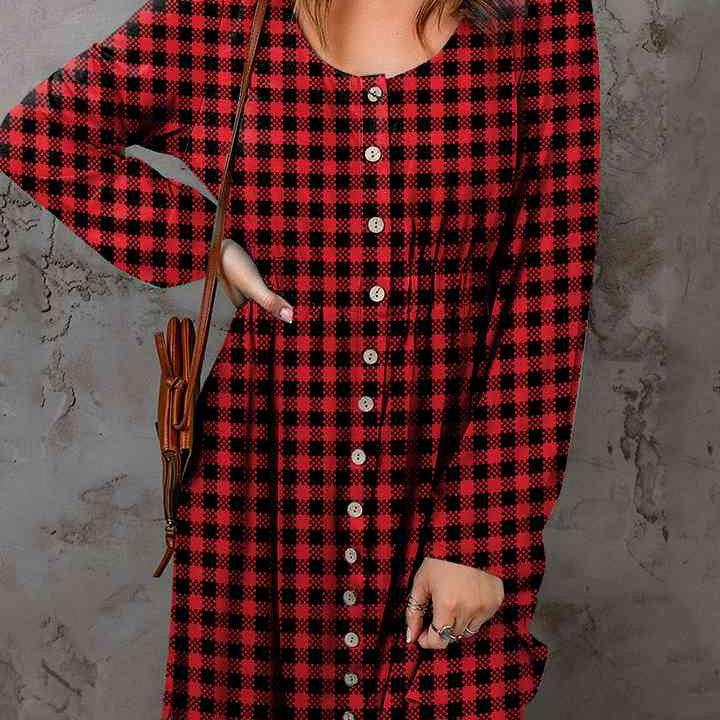 Double Take Full Size Plaid Round Neck Long Sleeve Magic Dress