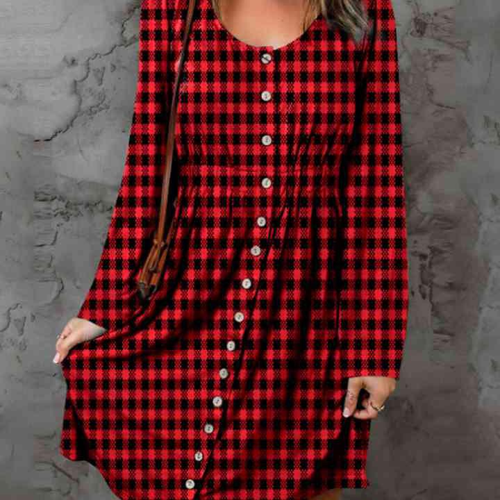 Double Take Full Size Plaid Round Neck Long Sleeve Magic Dress