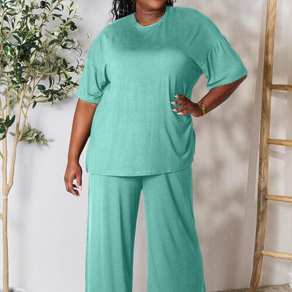 Double Take Full Size Round Neck Slit Top and Pants Set