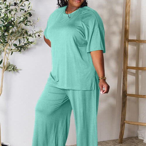 Double Take Full Size Round Neck Slit Top and Pants Set