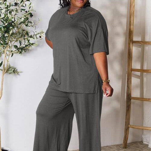 Double Take Full Size Round Neck Slit Top and Pants Set