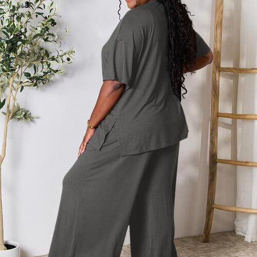 Double Take Full Size Round Neck Slit Top and Pants Set