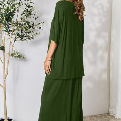 Double Take Full Size Round Neck Slit Top and Pants Set