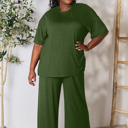 Double Take Full Size Round Neck Slit Top and Pants Set