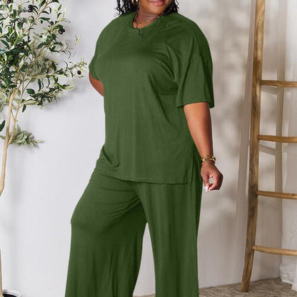 Double Take Full Size Round Neck Slit Top and Pants Set