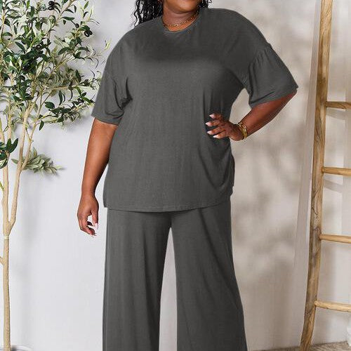 Double Take Full Size Round Neck Slit Top and Pants Set