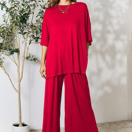 Double Take Full Size Round Neck Slit Top and Pants Set