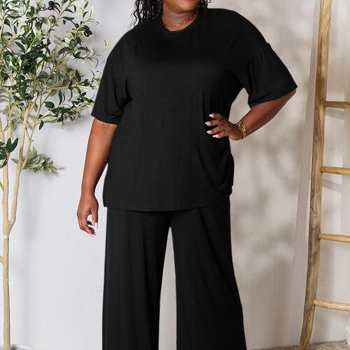 Double Take Full Size Round Neck Slit Top and Pants Set