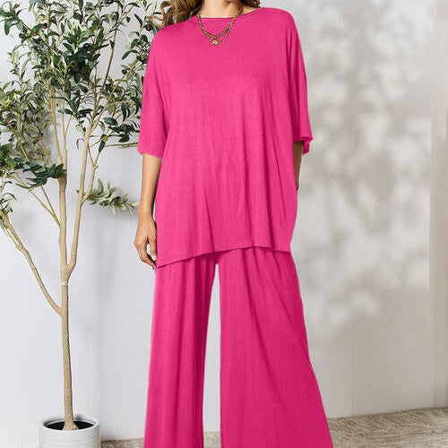 Double Take Full Size Round Neck Slit Top and Pants Set