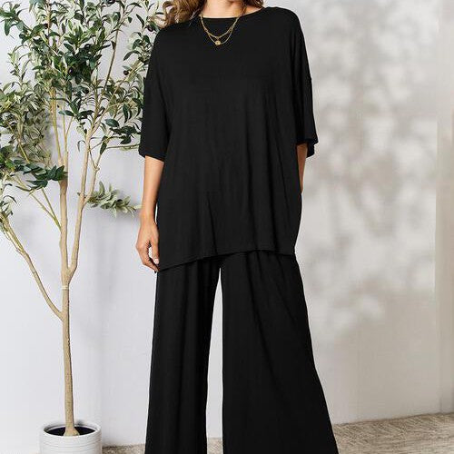 Double Take Full Size Round Neck Slit Top and Pants Set