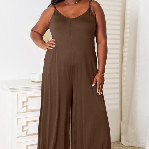 Double Take Full Size Soft Rayon Spaghetti Strap Tied Wide Leg Jumpsuit