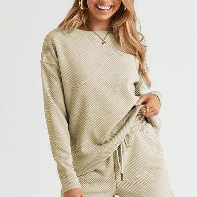 Double Take Full Size Texture Long Sleeve Top and Drawstring Shorts Set