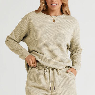 Double Take Full Size Texture Long Sleeve Top and Drawstring Shorts Set