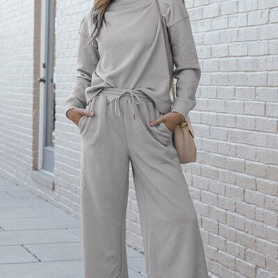 Double Take Full Size Textured Long Sleeve Top and Drawstring Pants Set