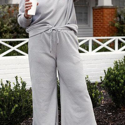 Double Take Full Size Textured Long Sleeve Top and Drawstring Pants Set