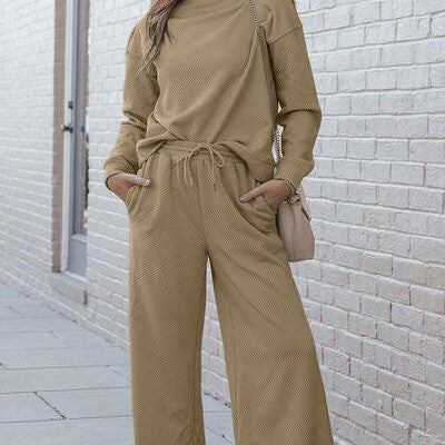 Double Take Full Size Textured Long Sleeve Top and Drawstring Pants Set