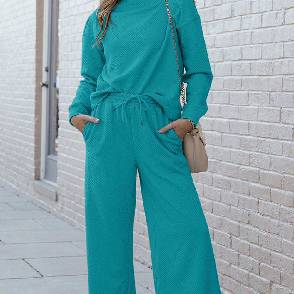 Double Take Full Size Textured Long Sleeve Top and Drawstring Pants Set