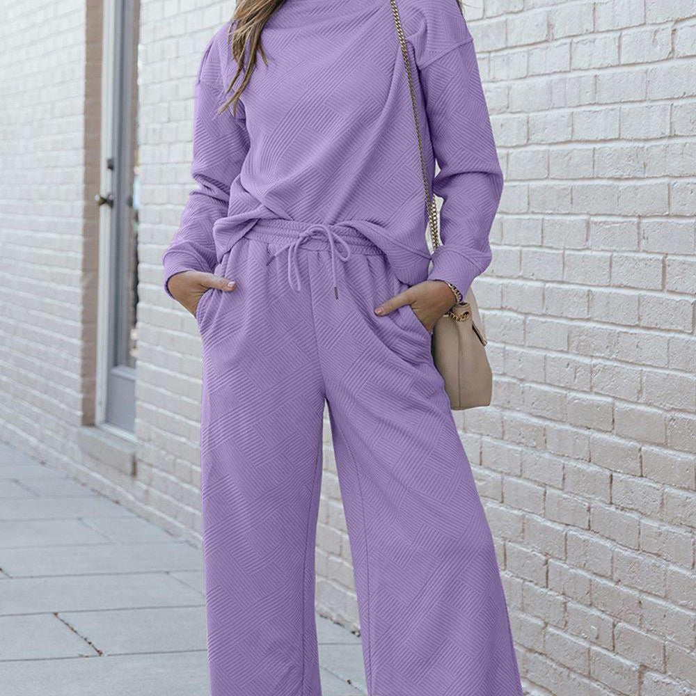 Double Take Full Size Textured Long Sleeve Top and Drawstring Pants Set