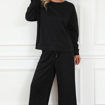 Double Take Full Size Textured Long Sleeve Top and Drawstring Pants Set