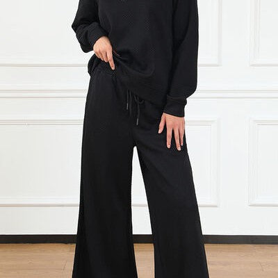 Double Take Full Size Textured Long Sleeve Top and Drawstring Pants Set