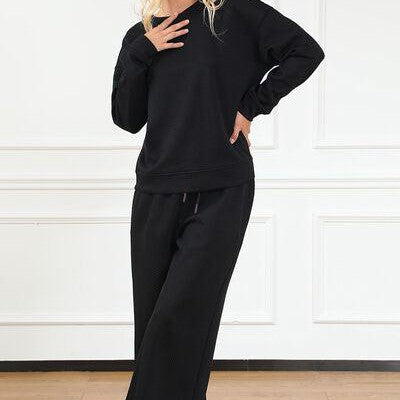 Double Take Full Size Textured Long Sleeve Top and Drawstring Pants Set