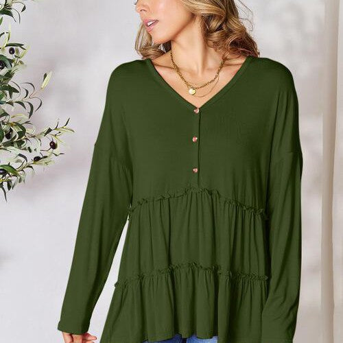 Double Take Half Button Long Sleeve Ruffle Hem Blouse