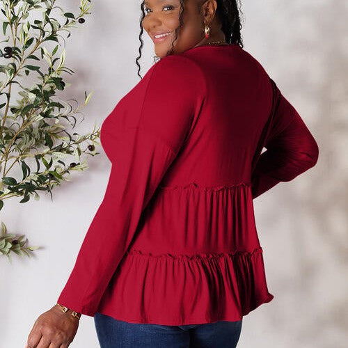 Double Take Half Button Long Sleeve Ruffle Hem Blouse