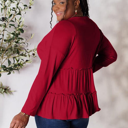 Double Take Half Button Long Sleeve Ruffle Hem Blouse