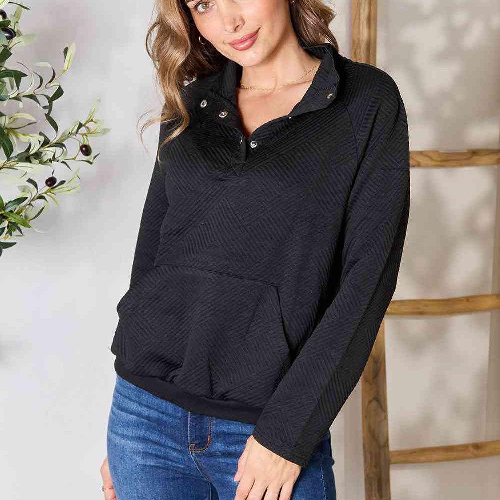 Double Take Half Buttoned Collared Neck Sweatshirt with Pocket