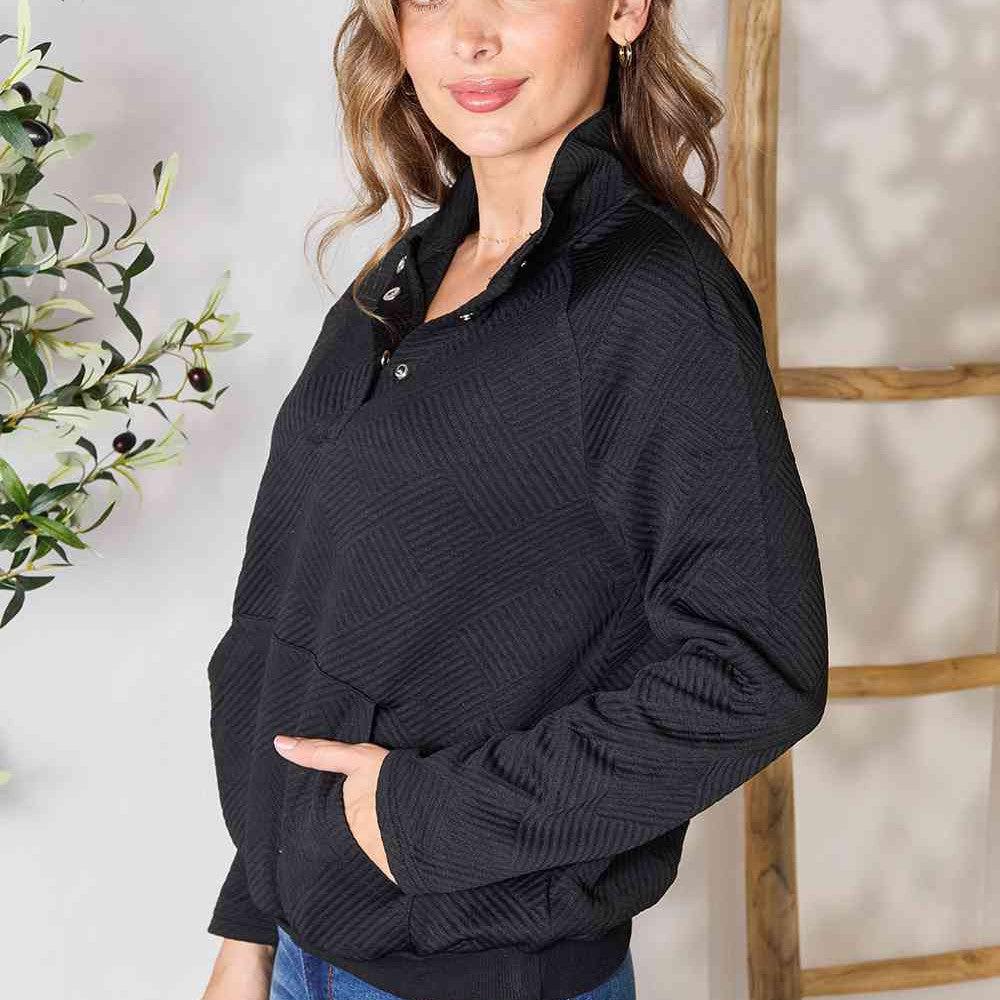 Double Take Half Buttoned Collared Neck Sweatshirt with Pocket