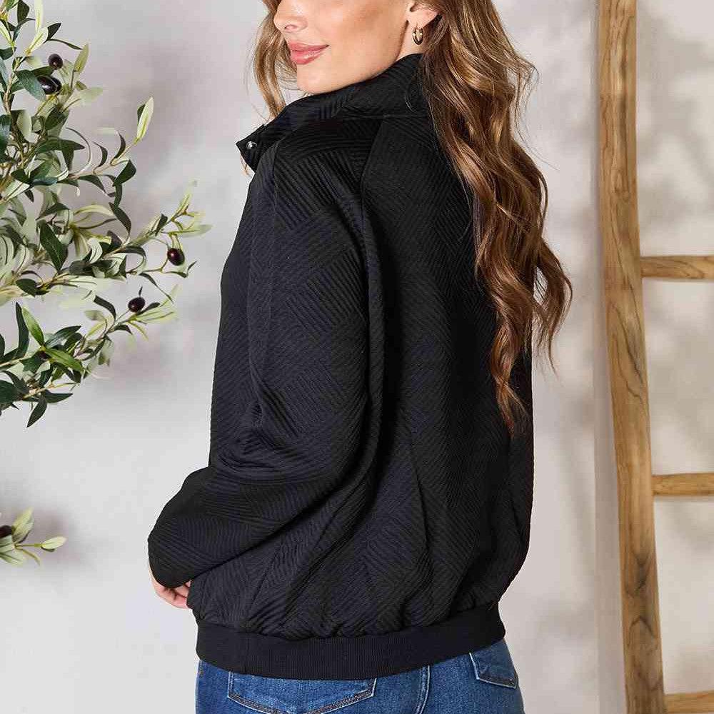 Double Take Half Buttoned Collared Neck Sweatshirt with Pocket