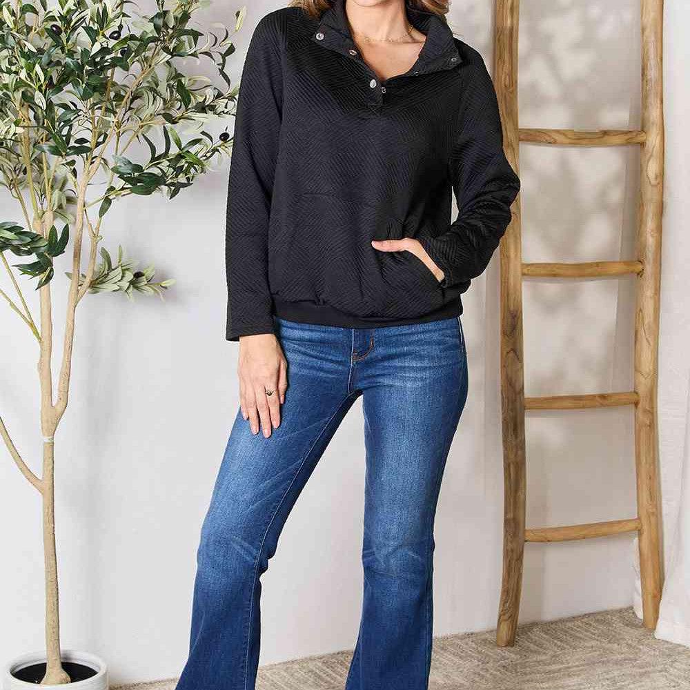 Double Take Half Buttoned Collared Neck Sweatshirt with Pocket