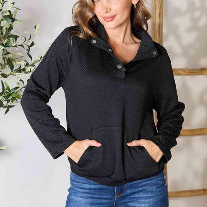 Double Take Half Buttoned Collared Neck Sweatshirt with Pocket