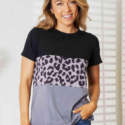 Double Take Leopard Print Color Block Short Sleeve T-Shirt