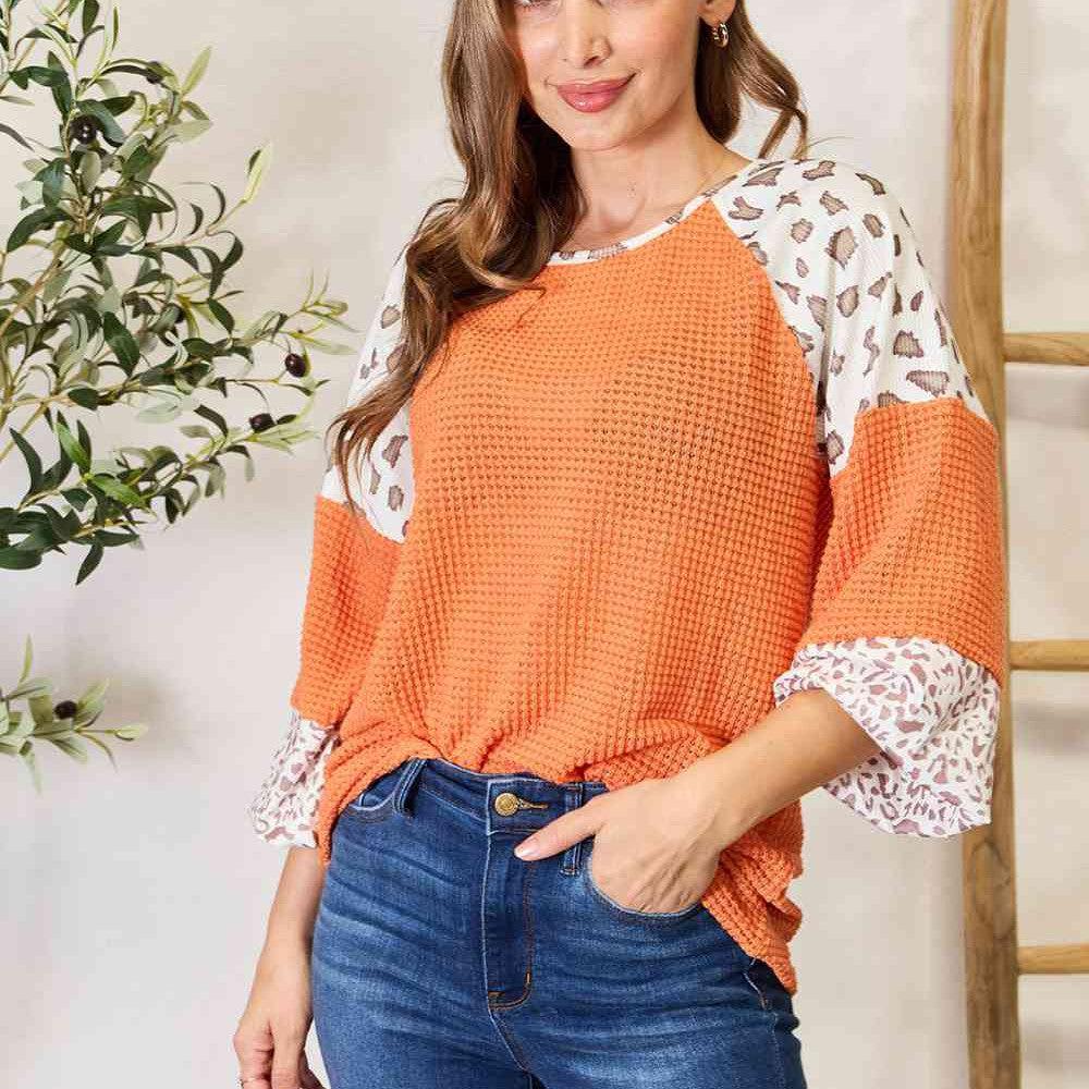 Double Take Leopard Waffle-Knit Long Sleeve Blouse