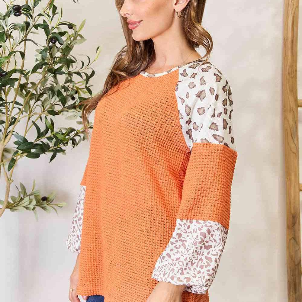 Double Take Leopard Waffle-Knit Long Sleeve Blouse