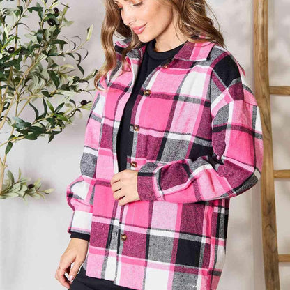 Double Take Plaid Button Up Collared Neck Jacket