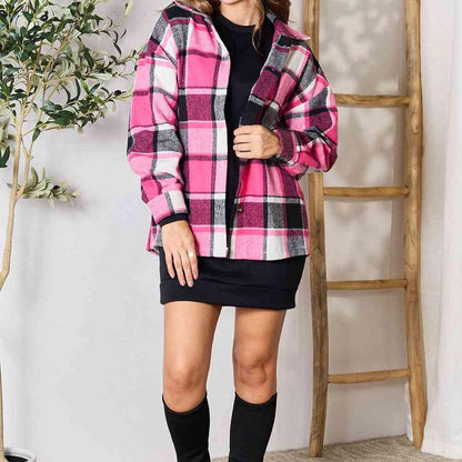 Double Take Plaid Button Up Collared Neck Jacket