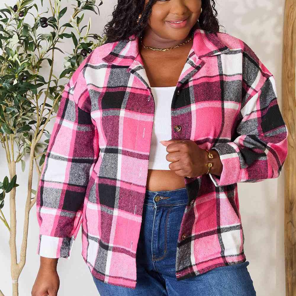 Double Take Plaid Button Up Collared Neck Jacket