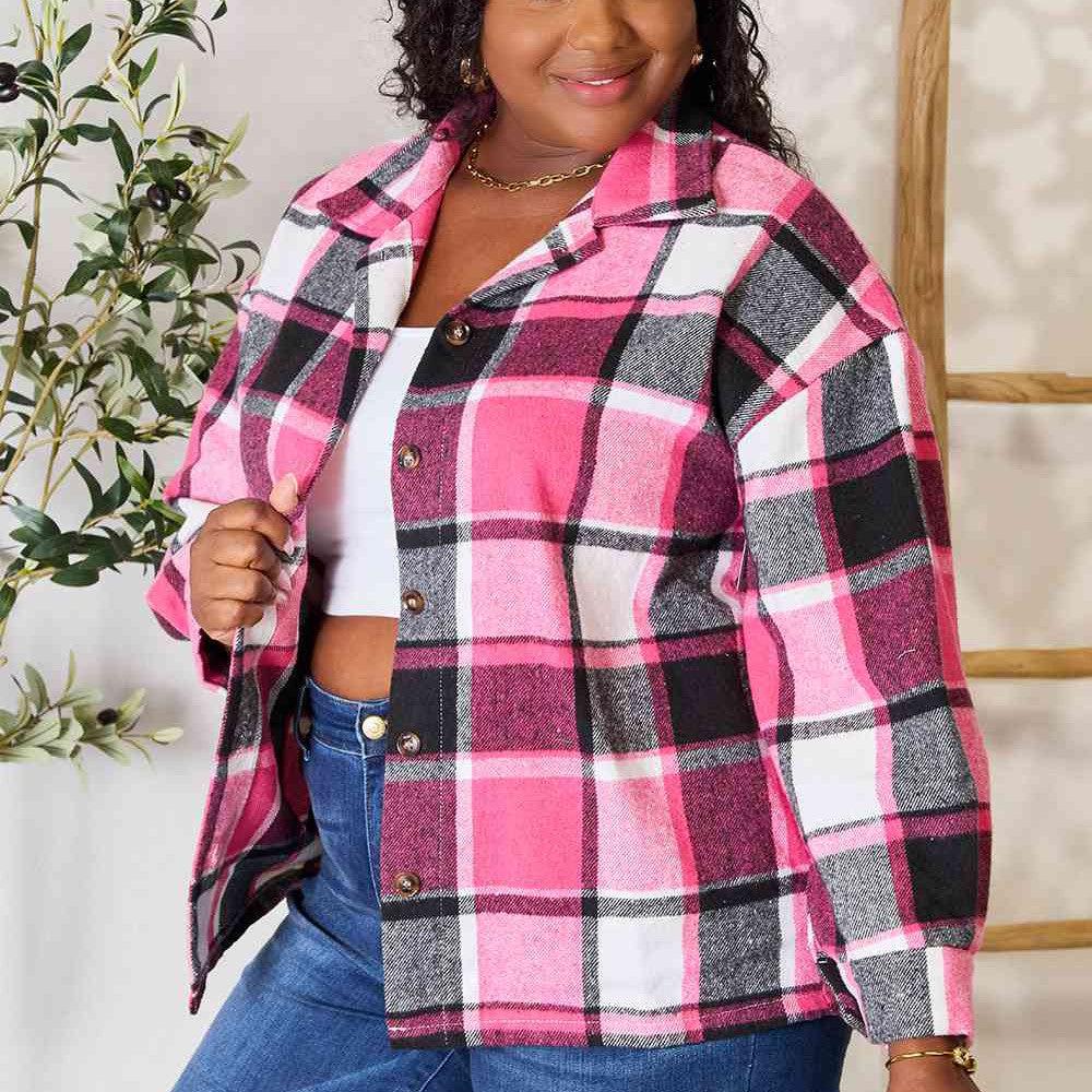 Double Take Plaid Button Up Collared Neck Jacket