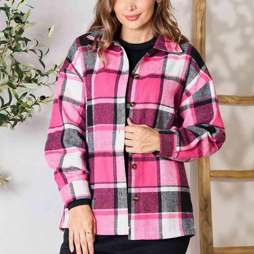 Double Take Plaid Button Up Collared Neck Jacket