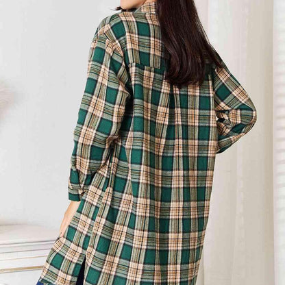 Double Take Plaid Collared Neck Long Sleeve Shirt