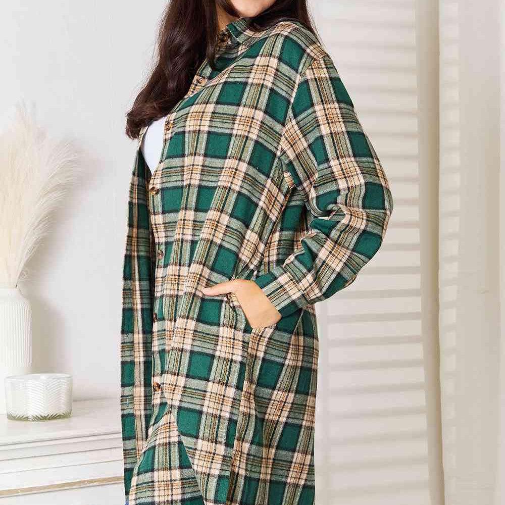 Double Take Plaid Collared Neck Long Sleeve Shirt