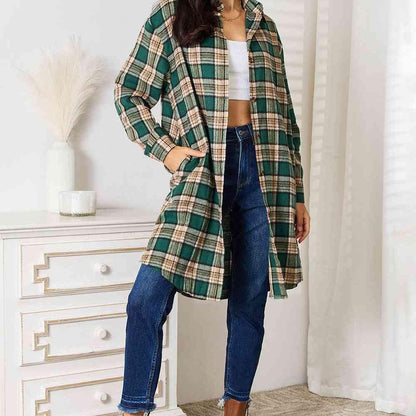 Double Take Plaid Collared Neck Long Sleeve Shirt